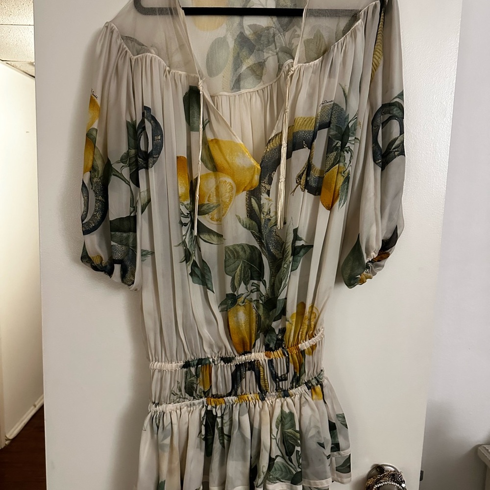 Roberto Cavalli Yellow and Cream Puff Sleeve Mini Sundress